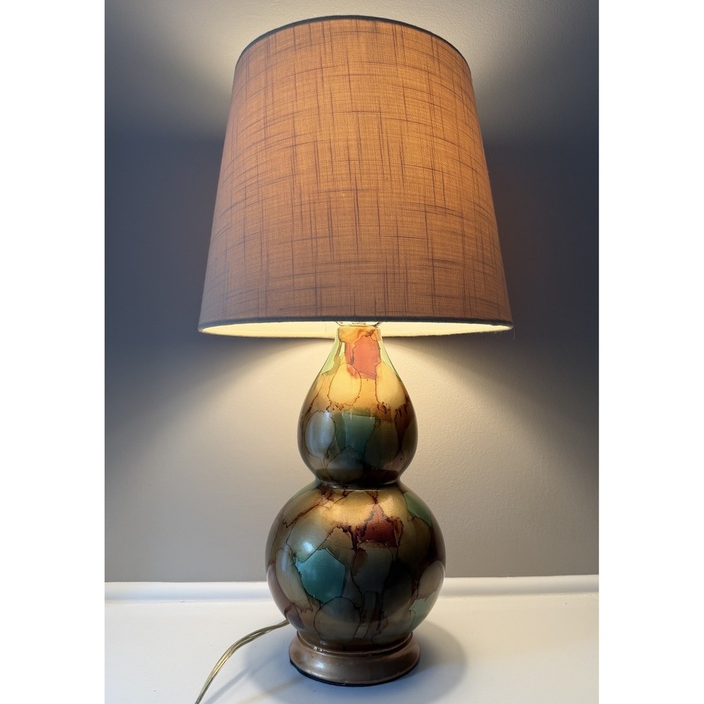 Decorative Gourd Table Lamp Green Gold Brown Glaze Ceramic Style w Shade - Picture 9 of 9